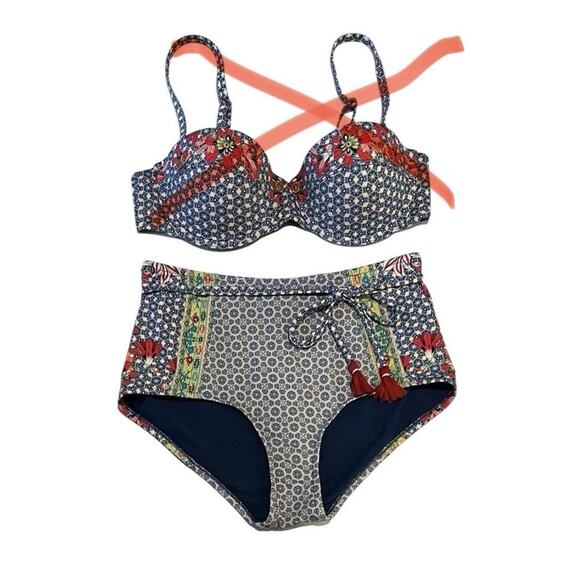 JOHNNY WAS WOMENS BAY BLUE Print HIGH WAIST BIKINI Bottoms SZ S 2 4 $120 NWOT - Picture 10 of 13